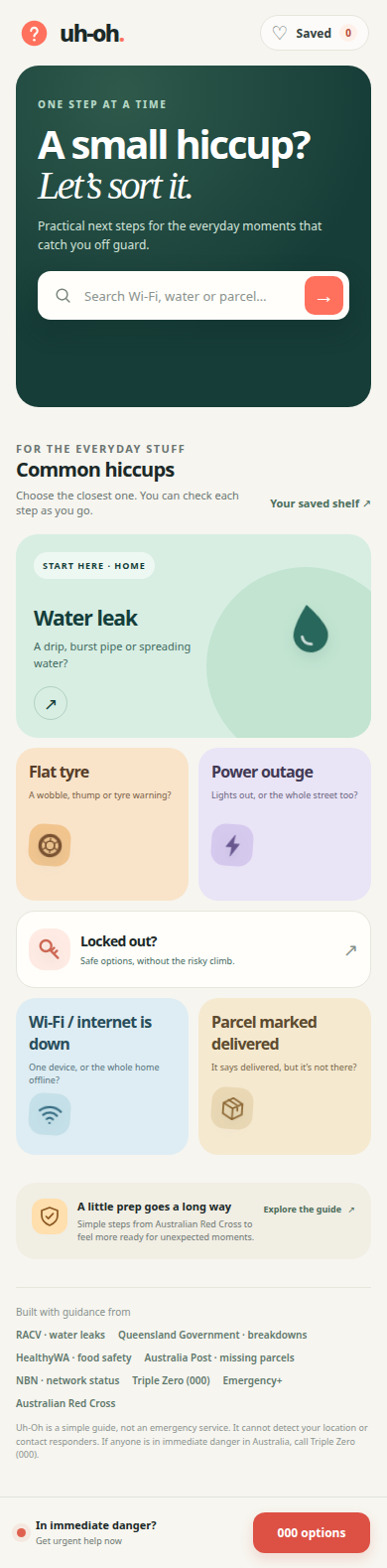 Uh-Oh mobile homepage with six everyday-problem playbooks